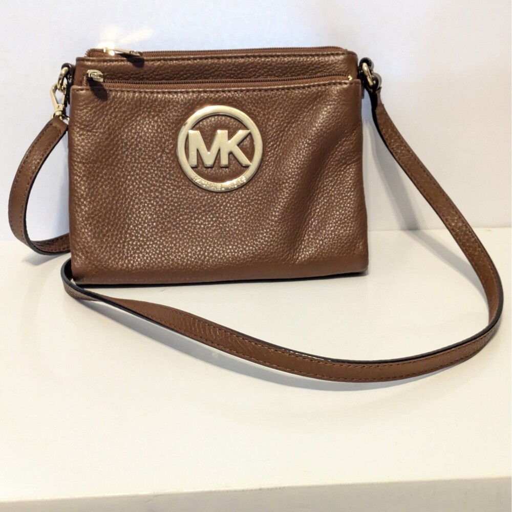 Michael Kors Crossbody Bag Women Small Brown Fulton Leather Designer Preppy Logo